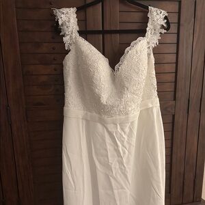 Hebeos Chic White Lace Bridal Gown off the shoulder lace with train.